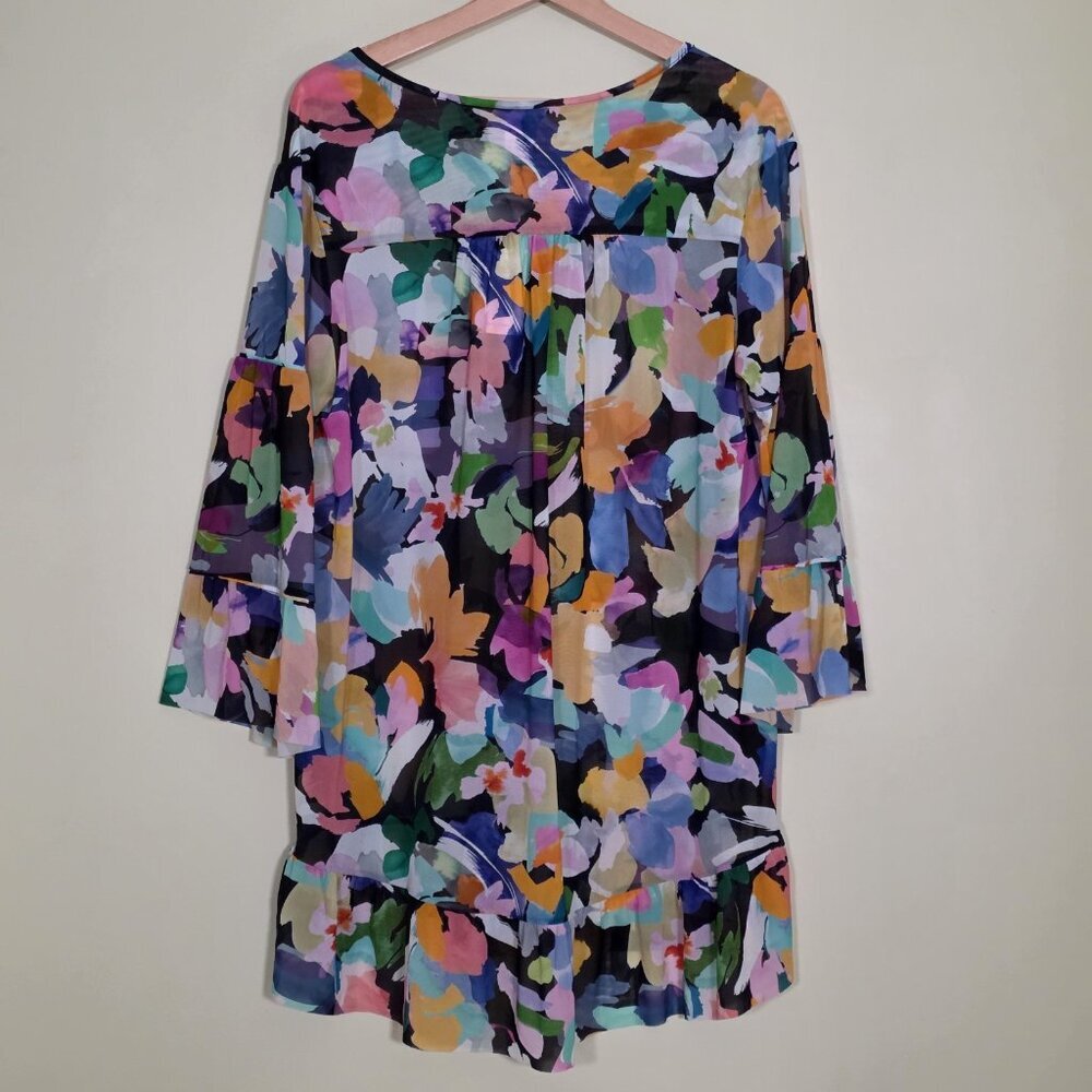 Profile By Gottex Tunic Beach Cover Up S Mesh Abstract Ruffles Oversize Boho NWT - Picture 2 of 16